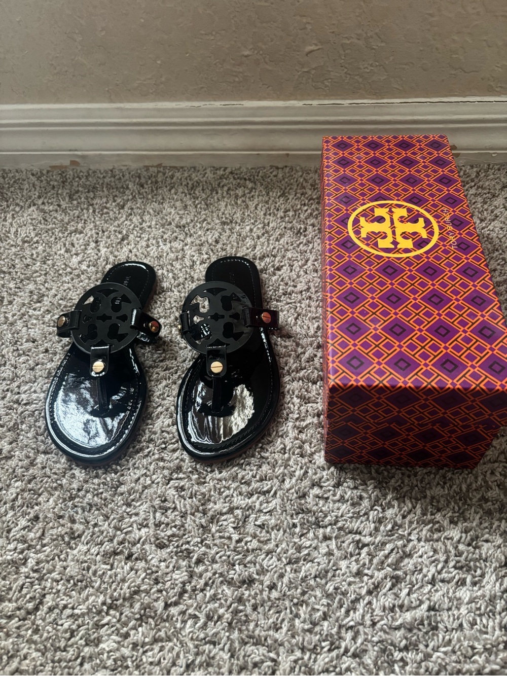 Black Patent Logo-Accent Thong Sandals